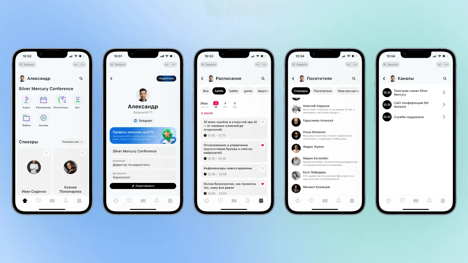 Экраны Telegram-приложения SM Network 2025: главная, профиль, расписание, участники