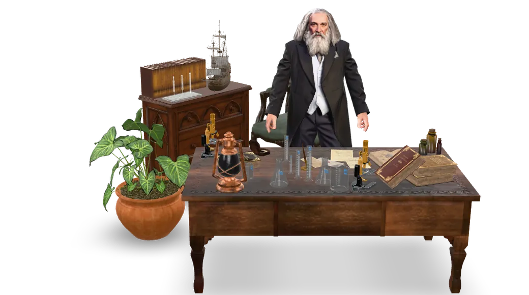 Дмитрий Менделеев у лабораторного стола с колбами, микроскопом и книгами — 3D-сцена